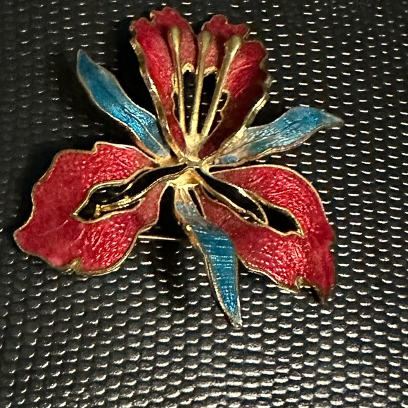 Vintage gold-plated burgundy/blue cloisonne enamel orchid broach - Picture 8 of 10
